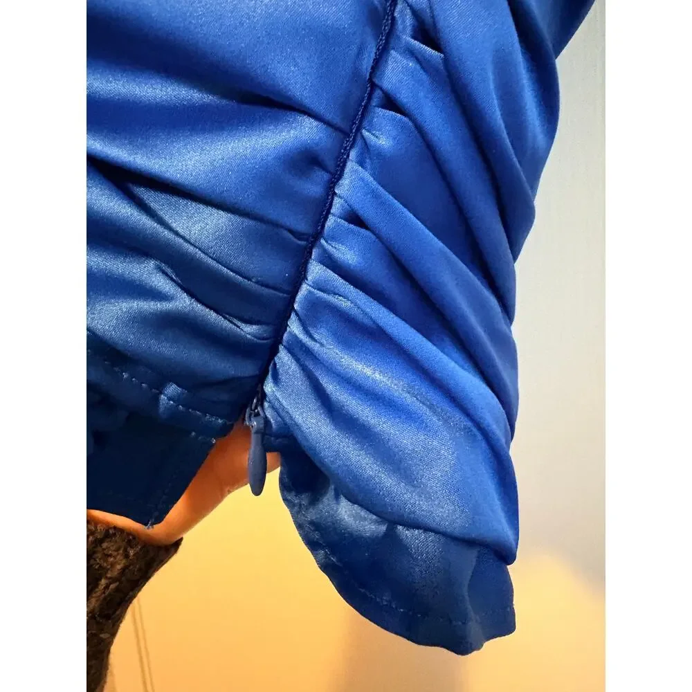 Dressbarn Collection Blue Satin Sleeveless Ruffle Blouse Ruched 6 Regency Y2k